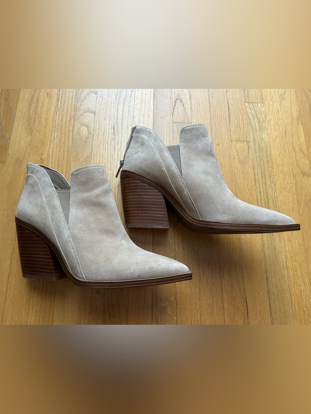 Vince Camuto Beige/Taupe Suede Pointed Toe Cutout Ankle Booties